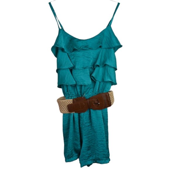 Shasa Romper S Womens Ruffle Adjustable Strap Teal Belted Boho Festival Stretch - Picture 1 of 6